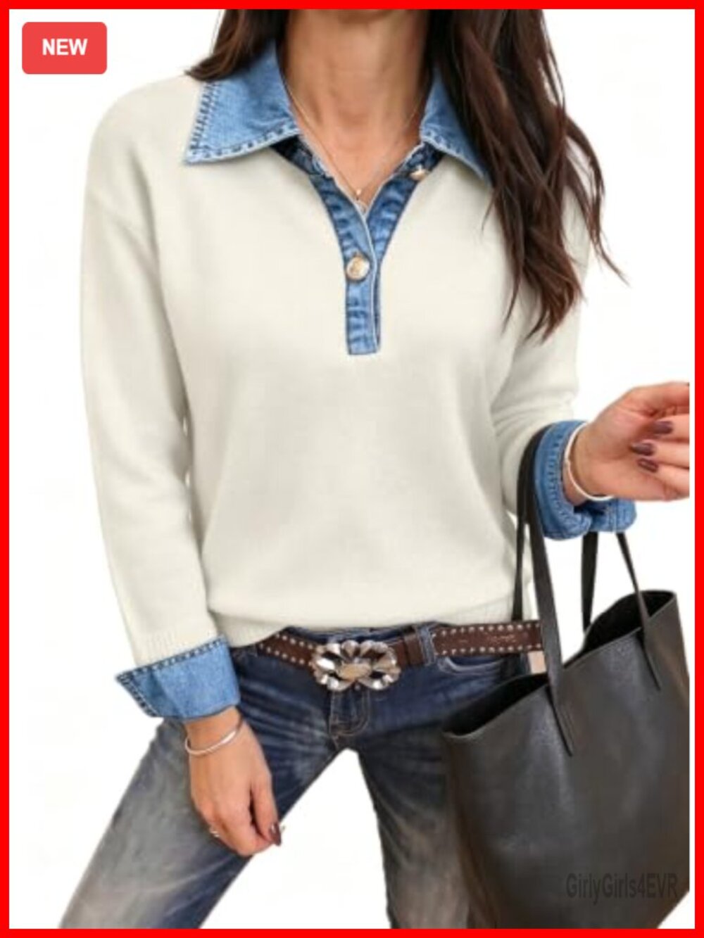 Chunky Knit Pullover Sweater Faux Layered Denim Collar Oversized